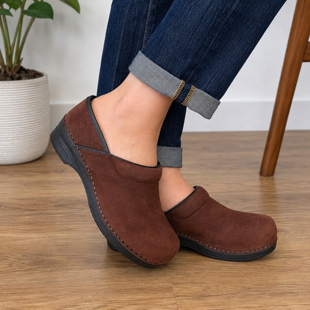 Sanita Original Danish Clogs Brown Nubuck Leather Slip On Mules EU 37 US 6.5